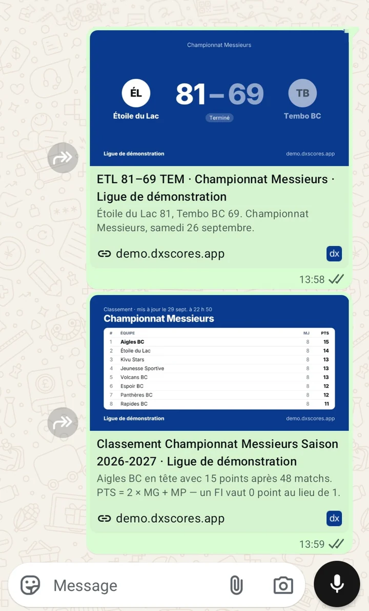 Une conversation WhatsApp où deux liens de la ligue ont été partagés : l’aperçu du match montre le score final, 81–69, et celui du classement le haut du tableau.